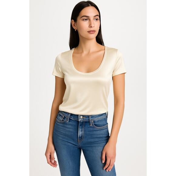 L’AGENCE Felice Top XS Bone Satin Short Sleeve Tee Minimalist Luxury Cream NWT - Picture 1 of 7
